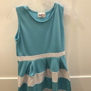 A stripped baby blue and white dress
